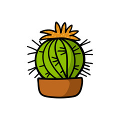 Hand drawn cactus with flower in the pot isolated on white background.