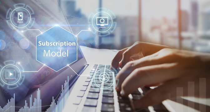 Subscription business model concepts.Close-up of man hands using laptop or computer.