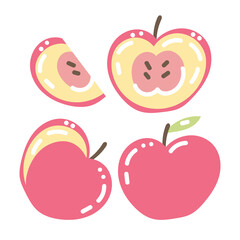 Fototapeta premium Whole and cut red apple in simple style vector illustrations set. Cartoon drawings of whole fruit, slices of halves of apple on white background. Healthy food, lifestyle, diet, harvest concept