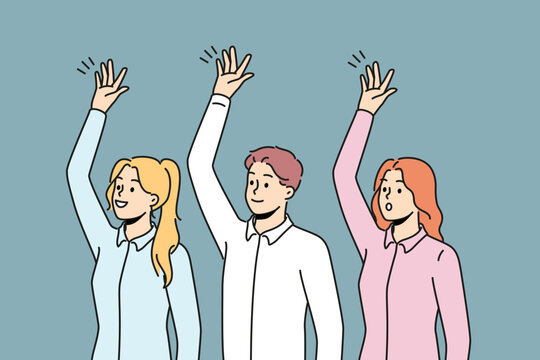 Happy businesspeople raise hands vote at workplace. Smiling employees engaged in teambuilding activity. Teamwork concept. Vector illustration. 