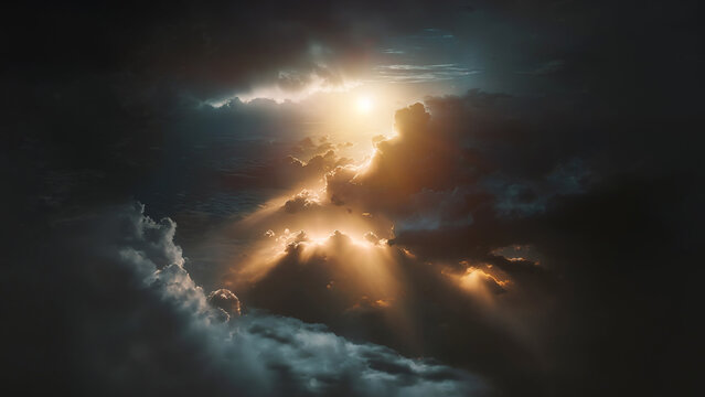 A beautiful flight above dark cloudscape with sun rays coming through the clouds, detailed picturesque view, camera flying to black sky with picturesque sunset clouds, illustration.