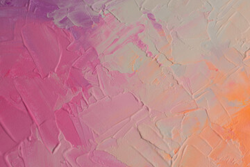 Stucco oil and acrylic smear blot canvas painting wall. Abstract texture pastel neon pink, lilac,...