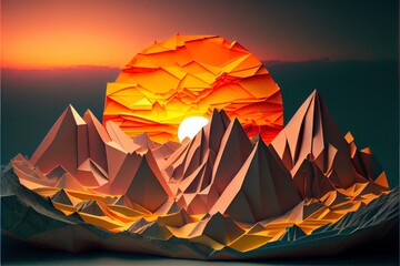 Fototapeta na wymiar Paper origami of a mountain planet at sunset.. Generative AI