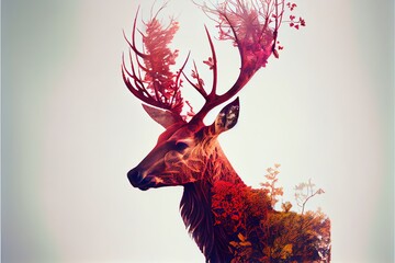 Double exposure of a red deer and flora.. Generative AI
