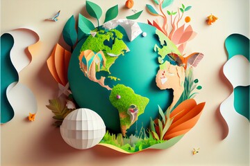 Eco-friendly environment and Earth Day with a globe and paper art.. Generative AI
