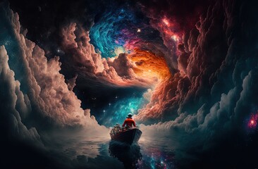 Fototapeta premium anime style illustration of a boy on boat looking up to the sky full of colorful cloud, idea for hope and dream them background wallpaper, Generative Ai