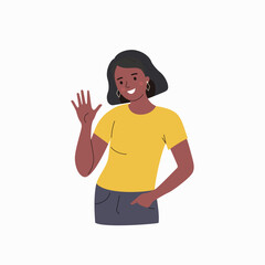 Young woman waives hand in hello gesture while smiling cheerfully and holding hand in pocket. Vector flat cartoon illustration © lyudinka