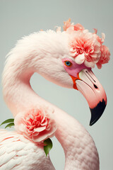 Abstract gentle portrait of a light pink flamingo with a hairstyle of fresh, pastel pink flowers. Illustrated animal creative concept. Generative AI.