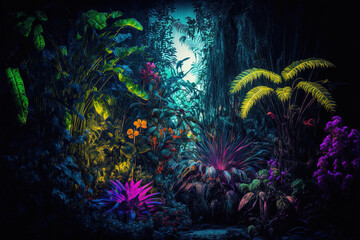Obraz na płótnie Canvas Tropical jungle landscape with fresh plants, leaves and flowers. Beautiful forest, Summer botanical garden on sunny day. Illustration. Generative AI.