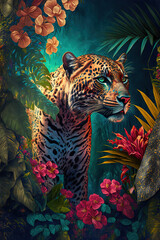 Tropical jungle landscape with leopard wild animal in fresh plants, leaves and flowers. Beautiful forest, Summer botanical garden on sunny day. Illustration. Generative AI.