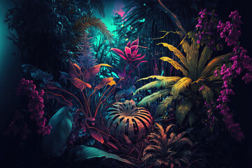 Fototapeta na wymiar Tropical jungle landscape with fresh plants, leaves and flowers. Beautiful forest, Summer botanical garden on sunny day. Illustration. Generative AI.