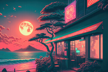 Cyberpunk illustrated Summer beach and sun landscape. Neon purple colors. Escape from the city to the coast. Modern neon poster. Illustration. Generative AI.