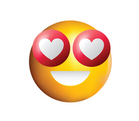Love emoji isolated on white background. Yellow face emoji with red heart eyes and smile vector illustration.