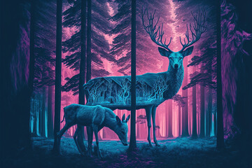 Cyberpunk illustrated forest where are wild animals, deer, landscape. Neon purple colors. Escape from the city to the nature. Modern neon poster. Illustration. Generative AI.