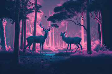 Cyberpunk illustrated forest where are wild animals, deer, landscape. Neon purple colors. Escape from the city to the nature. Modern neon poster. Illustration. Generative AI.