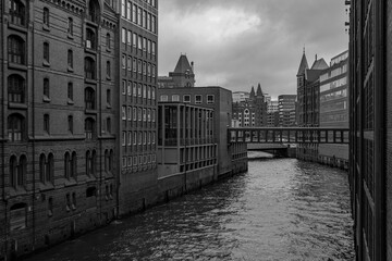 The old town of Hamburg separated by a river in the city center.