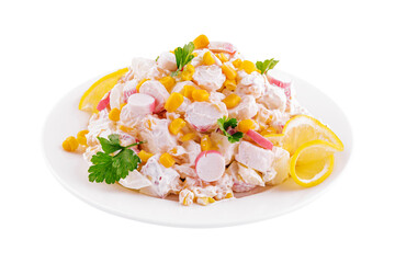 Salad of chopped crab sticks with sweet corn