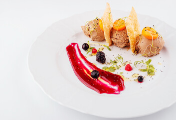 chocolate ice cream balls and crispy bread with strawberry jam
