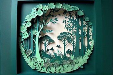 Green Spring Forest Papercut Frame.. Generative AI