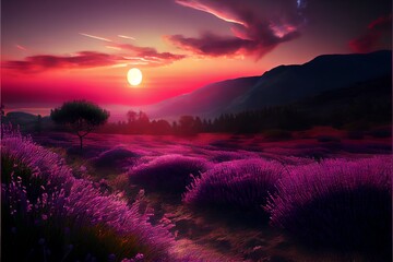 Fototapeta na wymiar Lavender landscape with beautiful sunset.. Generative AI