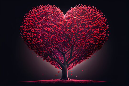 Heart tree. Red heart shaped tree. Valentine background. Love. Valentines day illustration. Generative AI