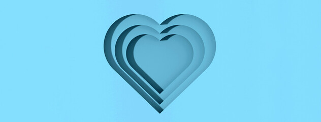 Blue hearts with shadows. heart-shaped grooves with shadows. Valentine's Day. Horizontal image. 3D image. 3d rendering.
