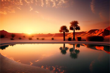 Swimming pool in the desert. beautiful sunset. reflection in the water.. Generative AI