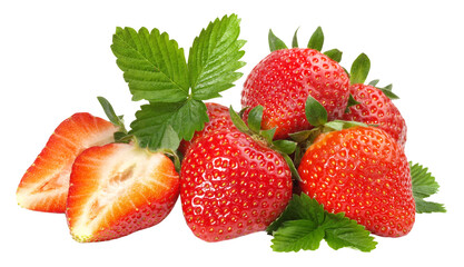 Fresh Strawberries with Leaves - Transparent PNG Background
