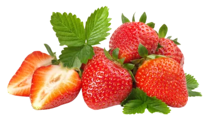 Wandcirkels aluminium Fresh Strawberries with Leaves - Transparent PNG Background © ExQuisine