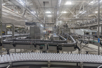 Fototapeta premium Bottling line in a milk factory.