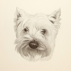 Portrait of West Highland White Terrier dog  in sanguine and pastel pencils. Cute puppy. Hand drawn illustration of Pets. Animal art collection: Dogs. Good for print T shirt, card. Design template