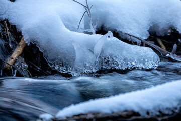 river flow in snow and icicles
