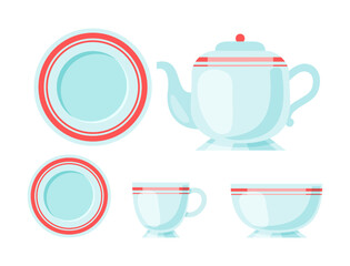 Obraz premium Ceramic or porcelain teapot with cups vector illustrations set. Cartoon drawing of white pot for tea, teacup, plates or saucers, bowl with red stripes on white background. Tea time, crockery concept