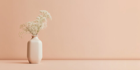 Gypsophila Flowers in Vase on Beige Wall Background - Aesthetic Home Decor with Copy Space. Generative AI