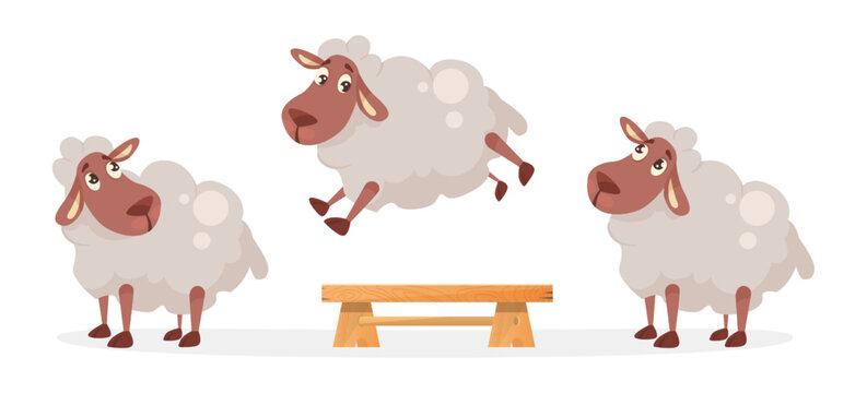 Cute comic sheep jumping over wooden bench vector illustration. Cartoon drawing of adorable farm animal character having fun together on white background. Farming, agriculture, livestock concept