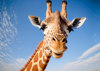 Naklejka premium Giraffe in zoo - Close up - Blue sky background - illustration - AI Generated