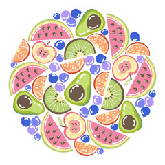 Circular pattern with slices of fruits vector illustration. Cartoon drawing of blueberries and slices of watermelon, kiwi, apple, avocado white background. Healthy food, lifestyle, diet concept