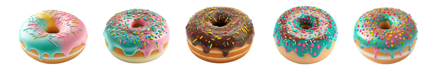 Five donuts glazed with sprinkles isolated on transparent background, PNG. AI generative - obrazy, fototapety, plakaty