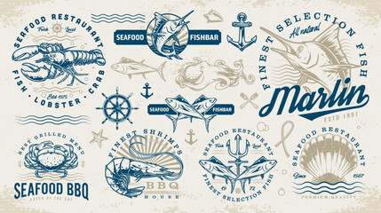 Seafood restaurant colorful set logotypes