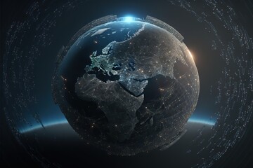 Naklejka premium Digital dystopian globe, future, viewed from space, in the solar system, in the stars, view of the earth, our planet, ai, cyber, eco, climate, war created with generative ai technology