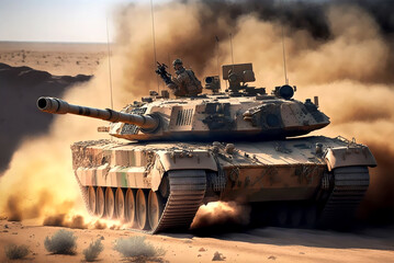 Desert combat with a battle tank that supports the army on the advance generative ai