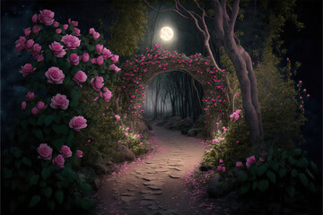 Mysterious path through an arch of roses in the night, Generative AI