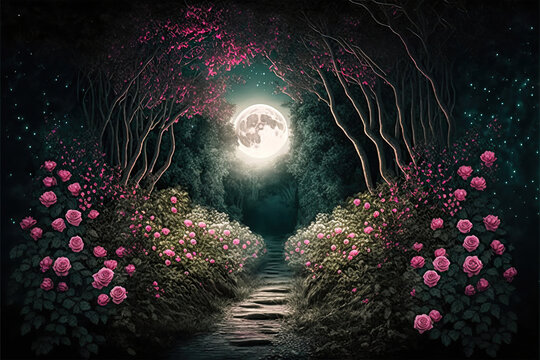 Hidden path through a magical forest with roses in the night, Generative AI