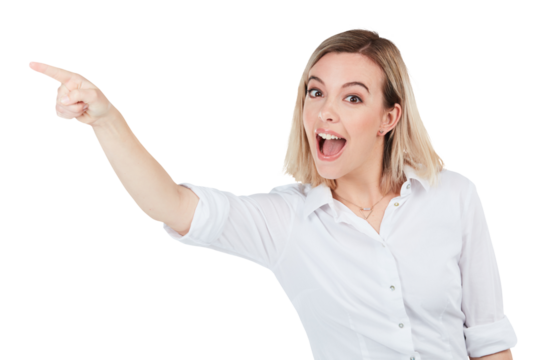 A businesswoman pointing isolated on a PNG background.