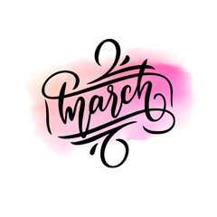 Lettering of spring month MARCH on watercolor splash background. Vector illustration with handwritten calligraphy. Letters drawn with brush. Calendar typography template. Hello March.