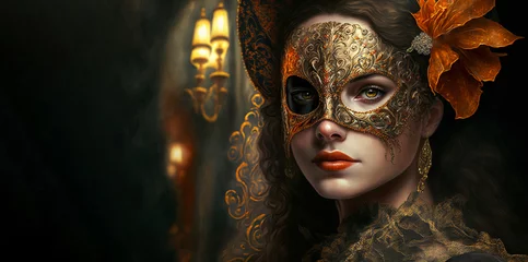 Keuken spatwand met foto Abstract art. Colorful painting art of a woman with venetian carnival mask and costume. Background illustration. Generative AI. © PhotoGranary