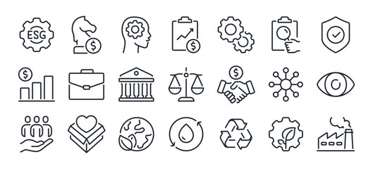 ESG concept environmental, social, and corporate governance related editable stroke outline icons set isolated on white background flat vector illustration. Pixel perfect. 64 x 64..