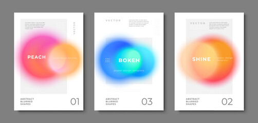 Set of minimalist poster templates with bright blurred circles and space for your text. Vector layout with gradient spot, copyspace for cover. Illustration with blur, bokeh effect