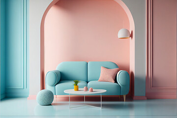 Illustration of a 3d stylized modern living room - 3d -  pastel colors - Created with generative ai