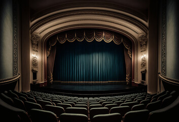 View or an empty theater or cinema with rows or seats and spotlight on a stage curtain. Generative ai